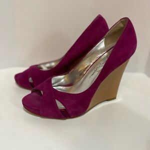 Used Jessica Simpson Fuscia Peep Toe Wedges Size 5